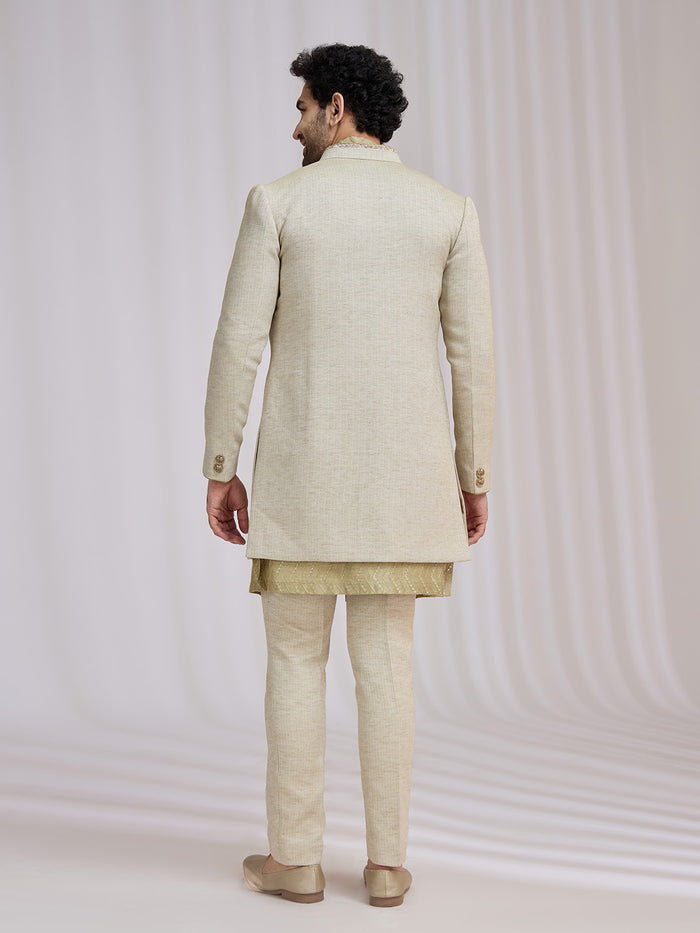 Light Olive Green Matka Silk Indo-Western Jacket Set for Men with Kurta & Trouser - KORANM
