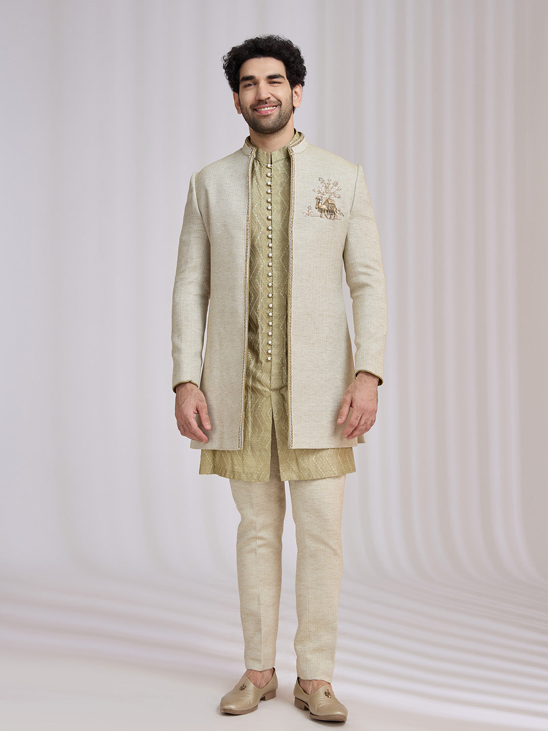 Light Olive Green Matka Silk Indo-Western Jacket Set for Men with Kurta & Trouser - KORANM