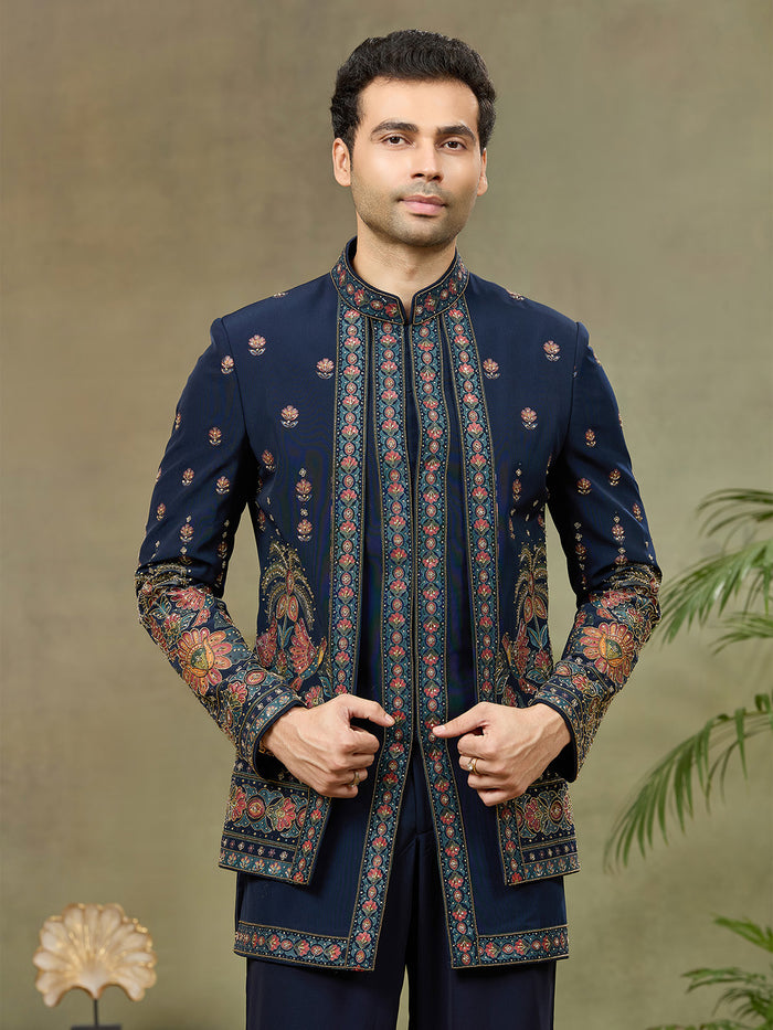 Navy Blue Embroidered Indo Western Set with Palazzo Pant - KORANM