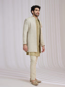 Light Olive Green Matka Silk Indo-Western Jacket Set for Men with Kurta & Trouser