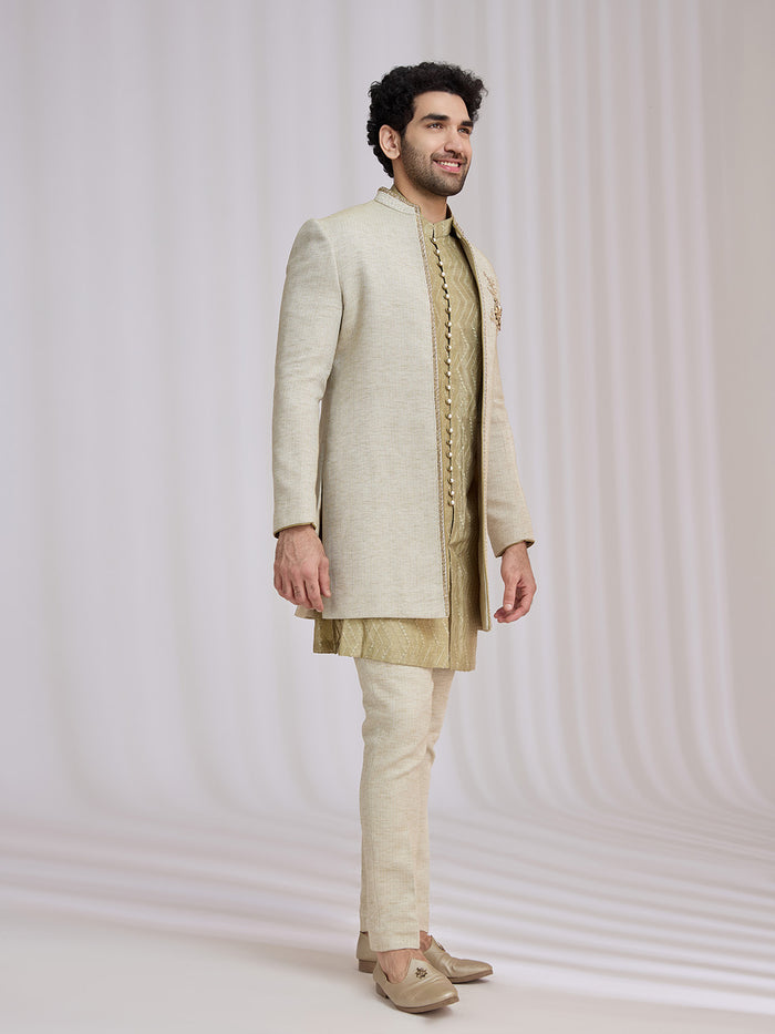 Light Olive Green Matka Silk Indo-Western Jacket Set for Men with Kurta & Trouser - KORANM