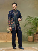 Navy Blue Embroidered Indo Western Set with Palazzo Pant - KORANM