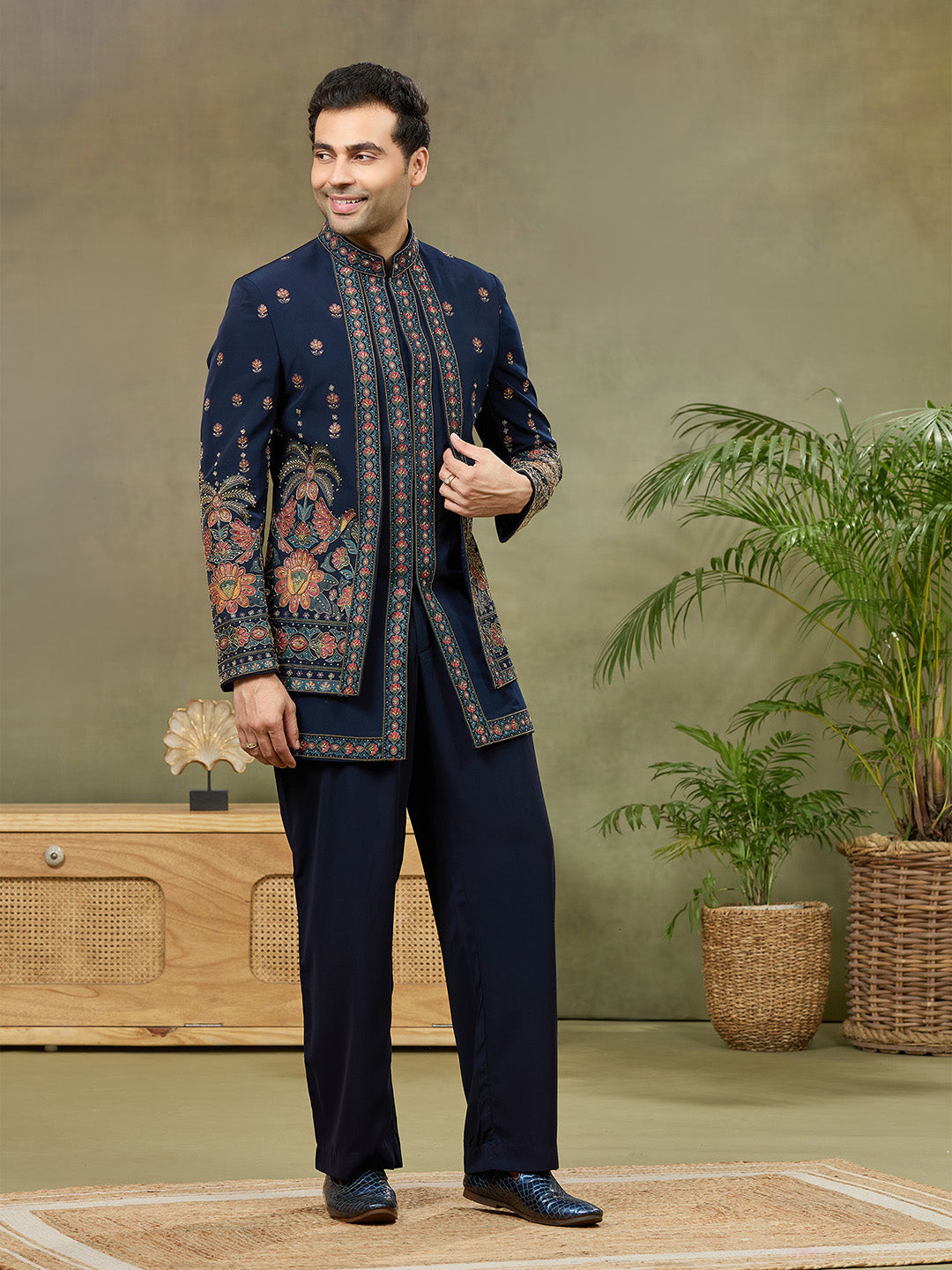 Navy Blue Embroidered Indo Western Set with Palazzo Pant - KORANM