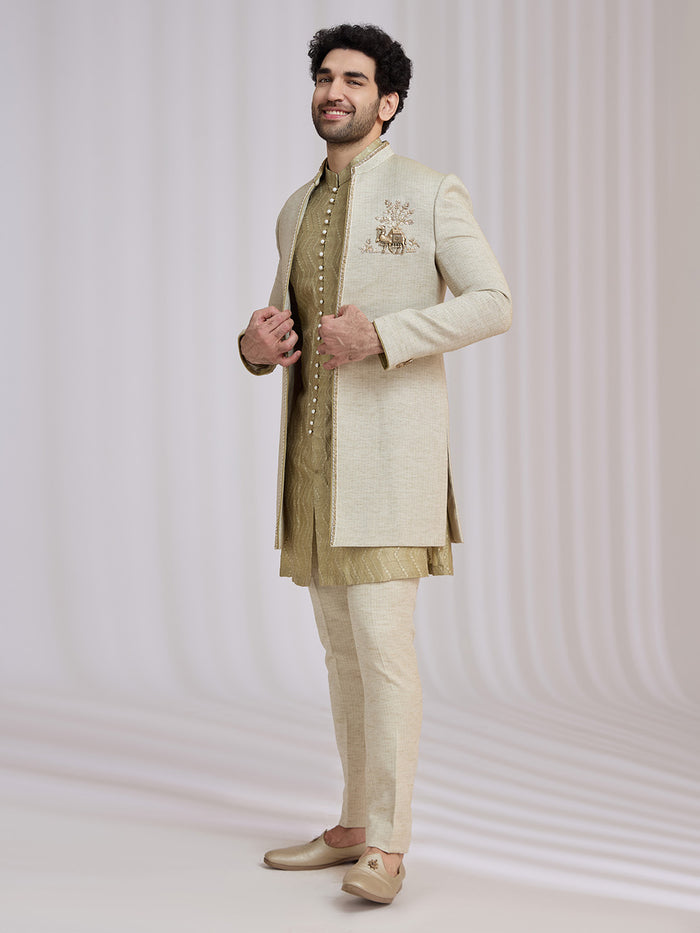 Light Olive Green Matka Silk Indo-Western Jacket Set for Men with Kurta & Trouser - KORANM