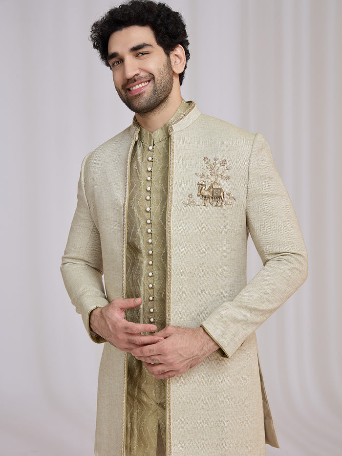 Light Olive Green Matka Silk Indo-Western Jacket Set for Men with Kurta & Trouser - KORANM