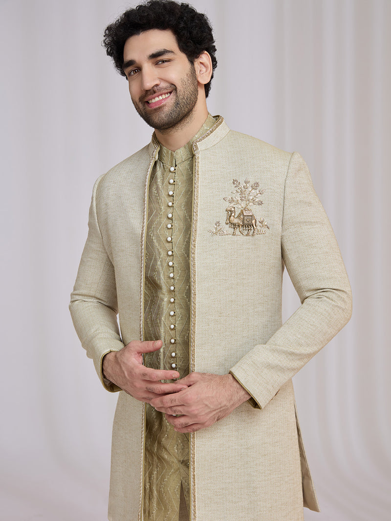 Light Olive Green Matka Silk Indo-Western Jacket Set for Men with Kurta & Trouser - KORANM