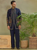 Navy Blue Embroidered Indo Western Set with Palazzo Pant - KORANM