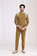 Khaki Rayon Jodhpuri Set for Men with Thread Work