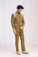 Khaki Rayon Jodhpuri Set for Men with Thread Work