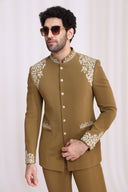 Khaki Rayon Jodhpuri Set for Men with Thread Work