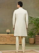 Cream Jacquard Silk Embroidered Sherwani Set with Aligarhi Pant & Dupatta - KORANM
