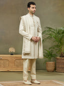 Cream Jacquard Silk Embroidered Sherwani Set with Aligarhi Pant & Dupatta - KORANM