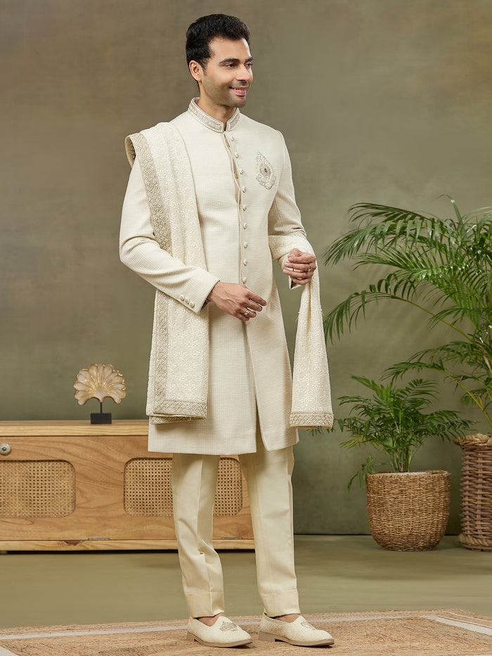 Cream Jacquard Silk Embroidered Sherwani Set with Aligarhi Pant & Dupatta - KORANM
