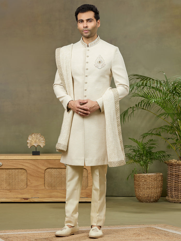 Cream Jacquard Silk Embroidered Sherwani Set with Aligarhi Pant & Dupatta - KORANM