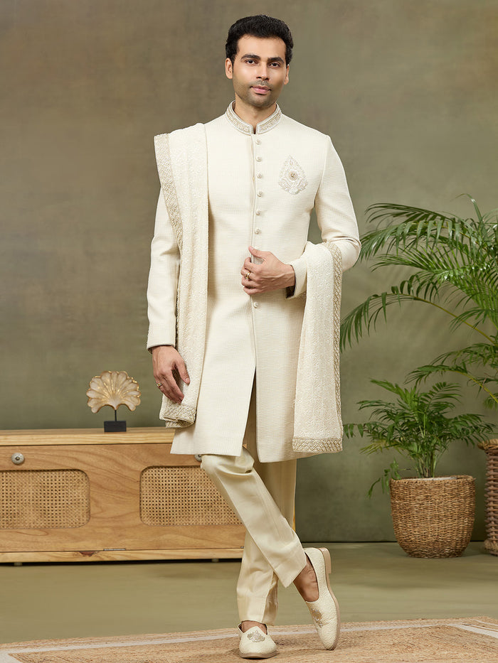 Cream Jacquard Silk Embroidered Sherwani Set with Aligarhi Pant & Dupatta - KORANM
