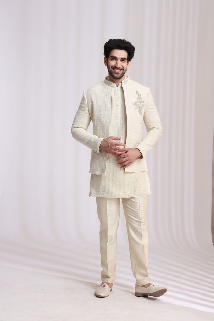 Cream floral embroidered Indo-Western set for men with kurta and trousers – front view