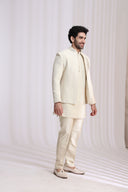 Styled wedding look of cream floral embroidered Indo-Western set for men