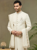 Cream Jacquard Silk Embroidered Sherwani Set with Aligarhi Pant & Dupatta - KORANM