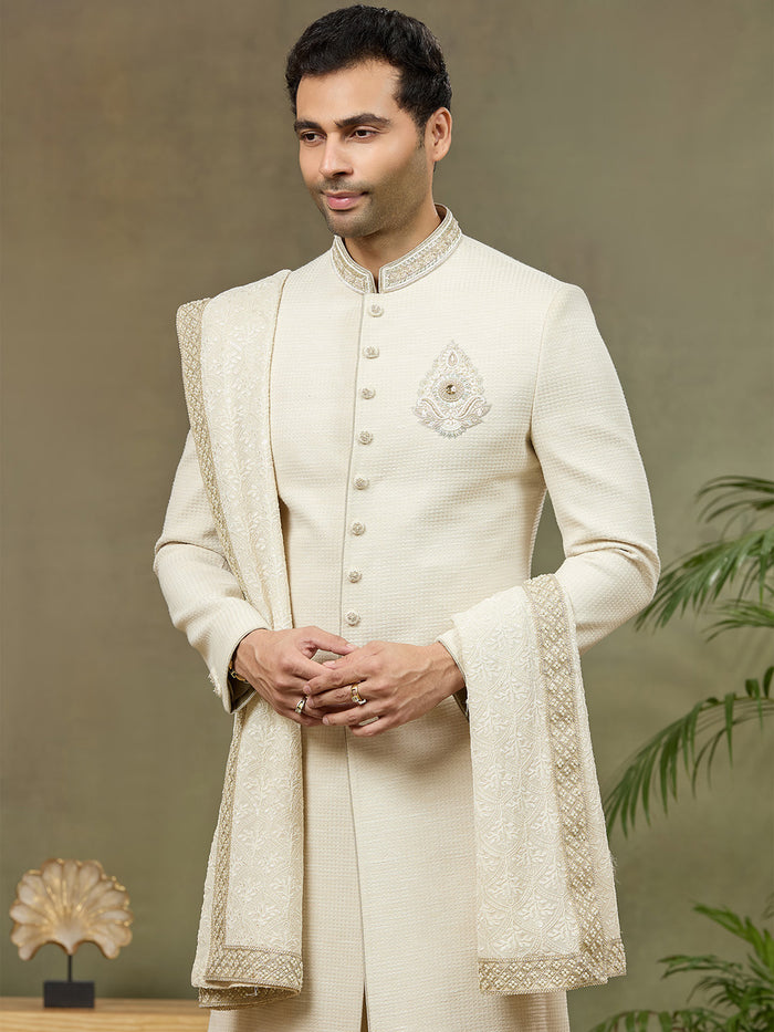 Cream Jacquard Silk Embroidered Sherwani Set with Aligarhi Pant & Dupatta - KORANM
