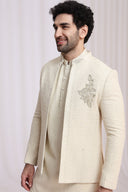 Cream Floral Embroidered Indo-Western Set for Men with Kurta & Pant