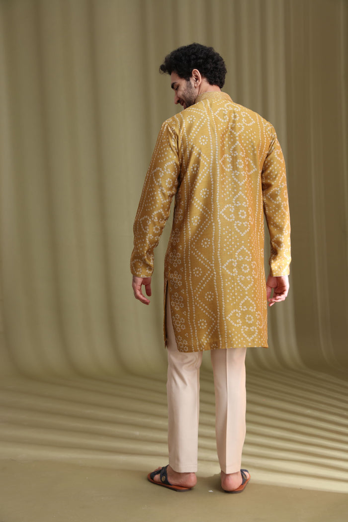 Mustard Satin Linen Bandhani Kurta Set for Men with Aligarhi - KORANM
