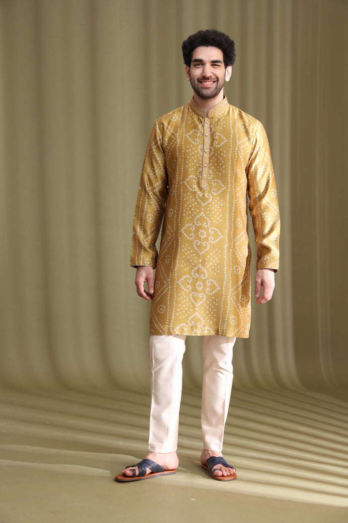 Mustard Satin Linen Bandhani Kurta Set for Men with Aligarhi - KORANM