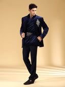 Navy Velvet Embroidered Jodhpuri Set with Kamarband
