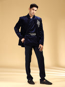 Navy Velvet Embroidered Jodhpuri Set with Kamarband