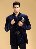 Navy Velvet Embroidered Jodhpuri Set with Kamarband