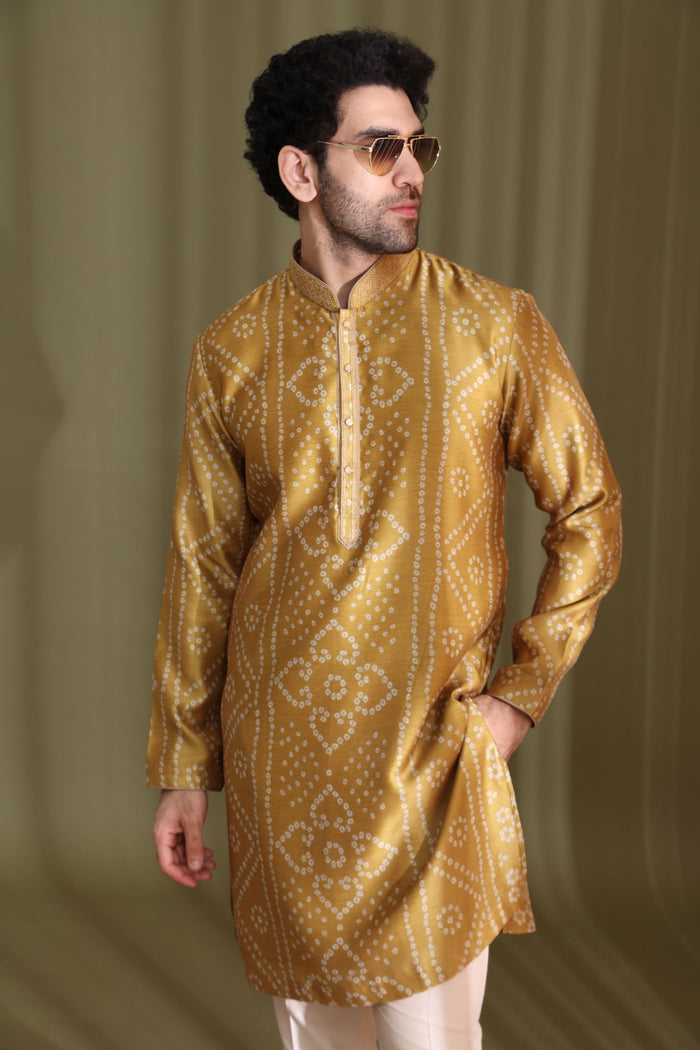 Mustard Satin Linen Bandhani Kurta Set for Men with Aligarhi - KORANM