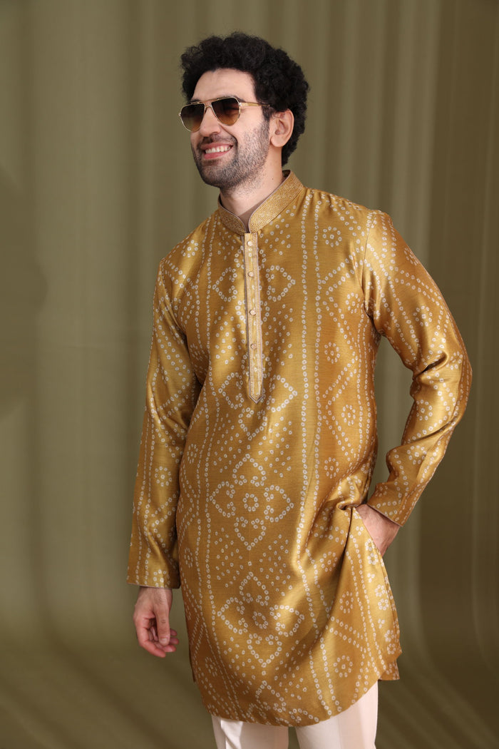 Mustard Satin Linen Bandhani Kurta Set for Men with Aligarhi - KORANM