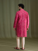 Pink Satin Linen Bandhani Kurta Set for Men with Cream Aligarhi