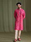 Pink Satin Linen Bandhani Kurta Set for Men with Cream Aligarhi