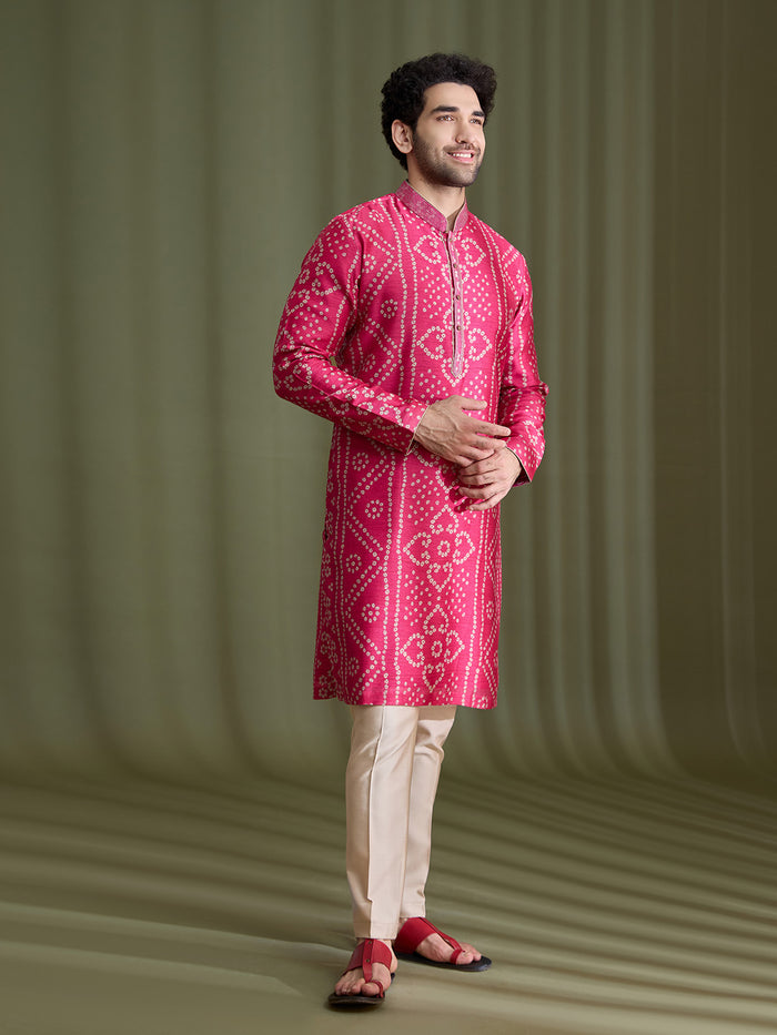 Pink Satin Linen Bandhani Kurta Set for Men with Cream Aligarhi - KORANM