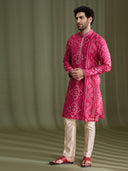 Pink Satin Linen Bandhani Kurta Set for Men with Cream Aligarhi