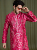 Pink Satin Linen Bandhani Kurta Set for Men with Cream Aligarhi