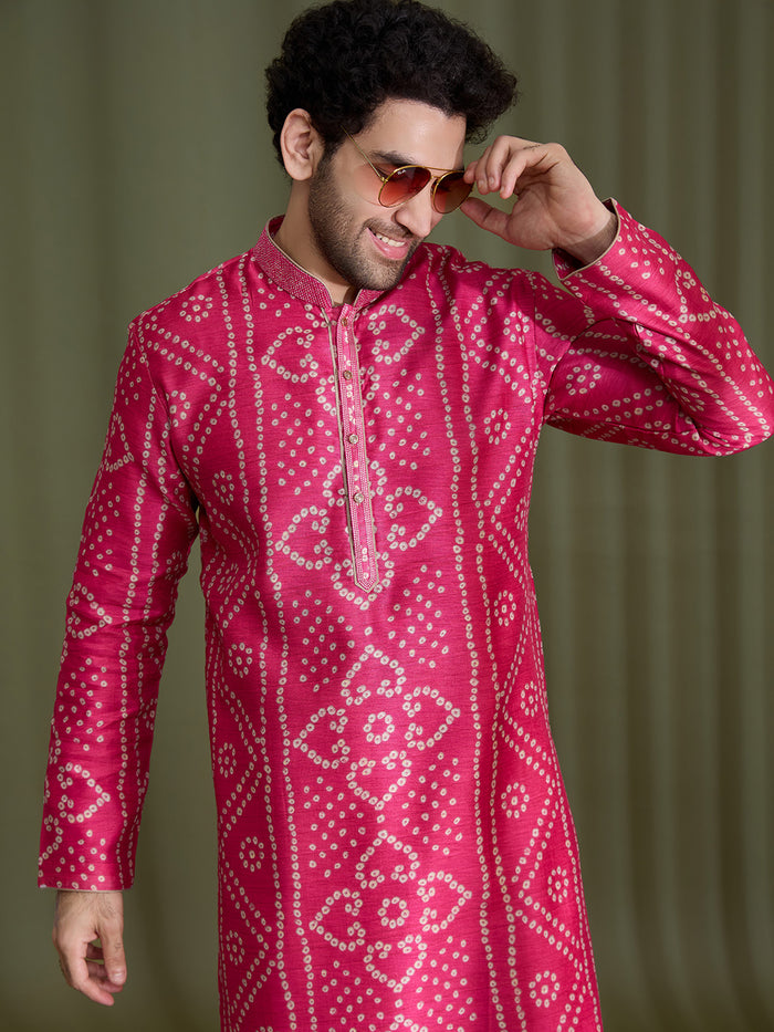 Pink Satin Linen Bandhani Kurta Set for Men with Cream Aligarhi - KORANM