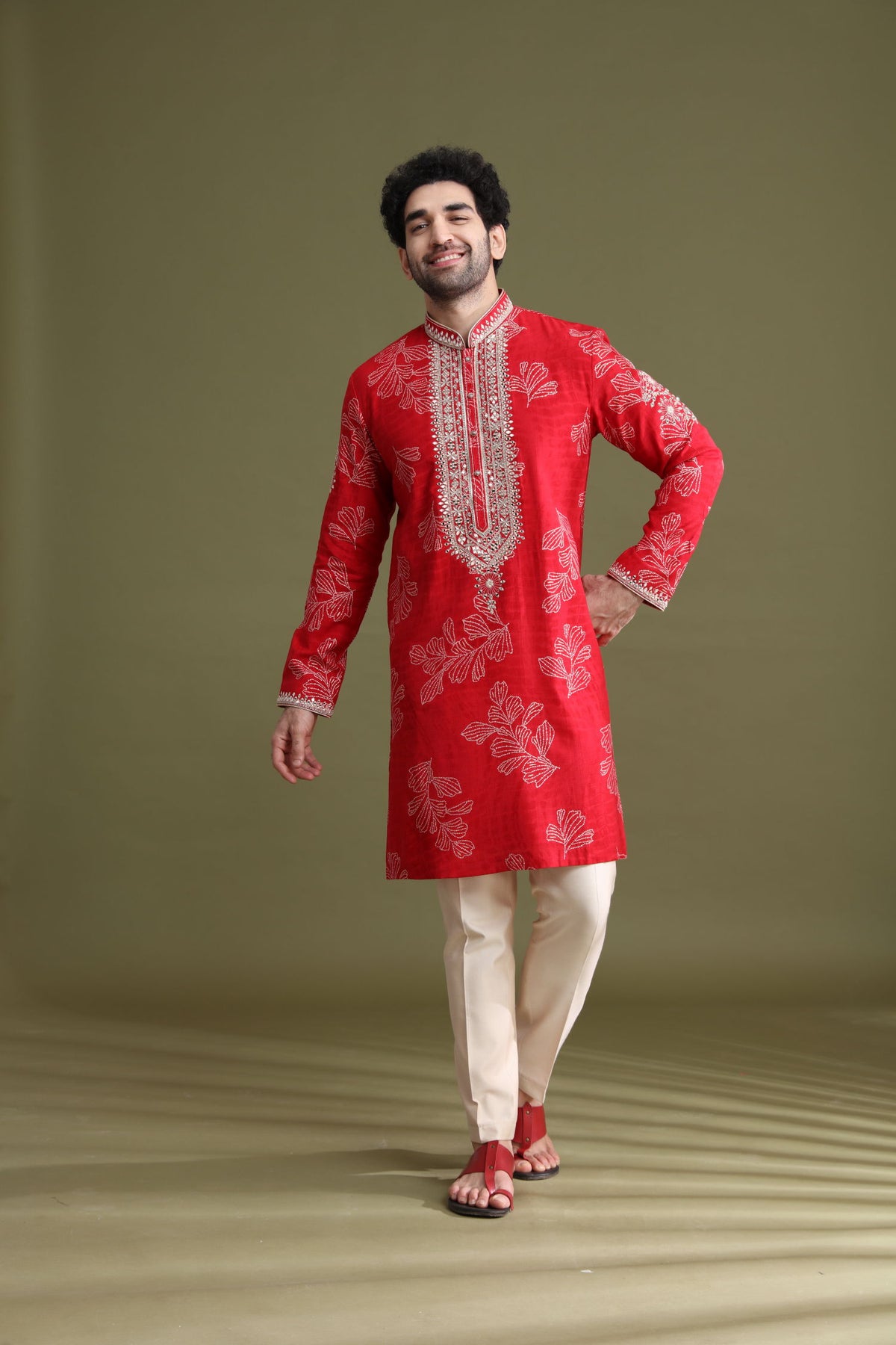 Red Blended Silk Floral Kurta Set for Men with Aligarhi & Mirror Work - KORANM