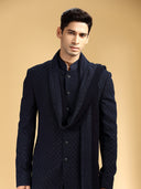 Navy Georgette Embroidered Sherwani Set with Dupatta