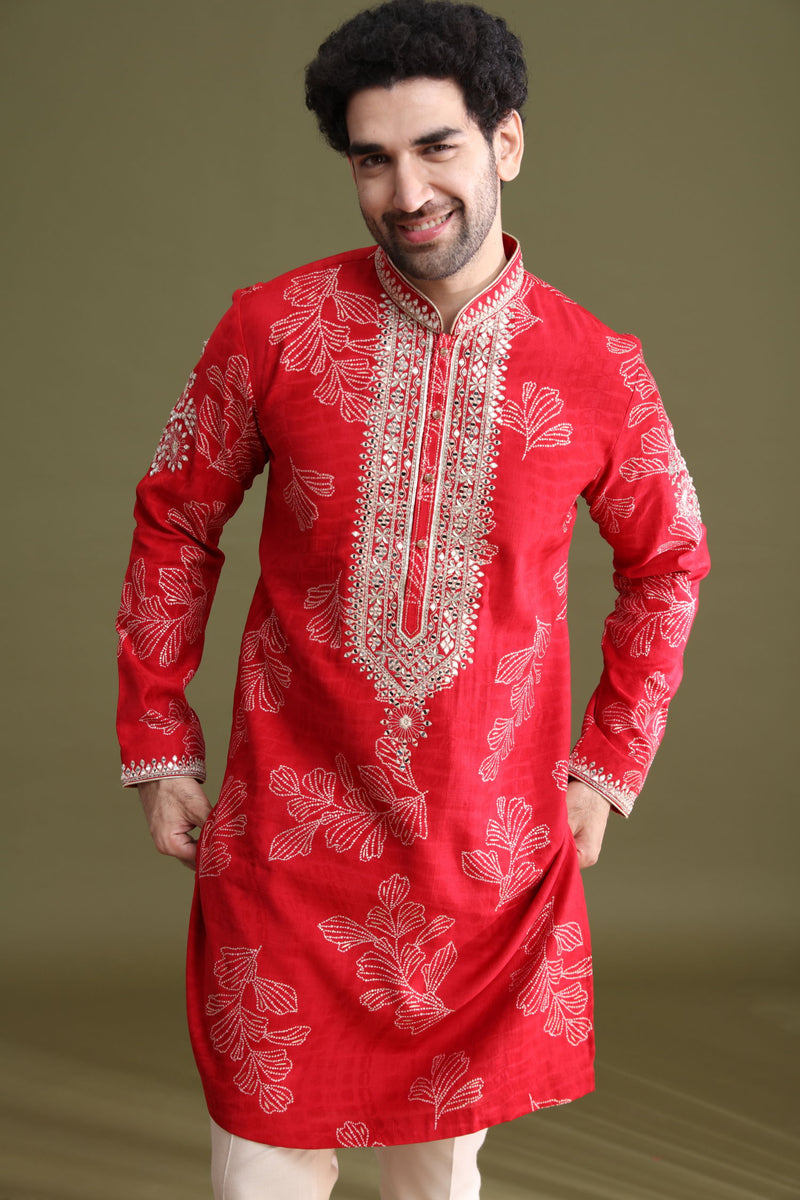 Red blended silk floral kurta set for men with cream aligarhi and mirror work – front view