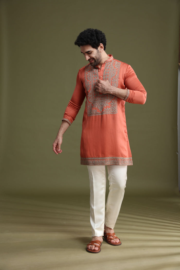 Rust Satin Linen Kurta Set for Men with Aligarhi & Dori Embroidery | Kora - KORANM