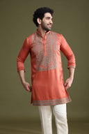 Rust satin linen kurta set for men with aligarhi and dori embroidery – front view