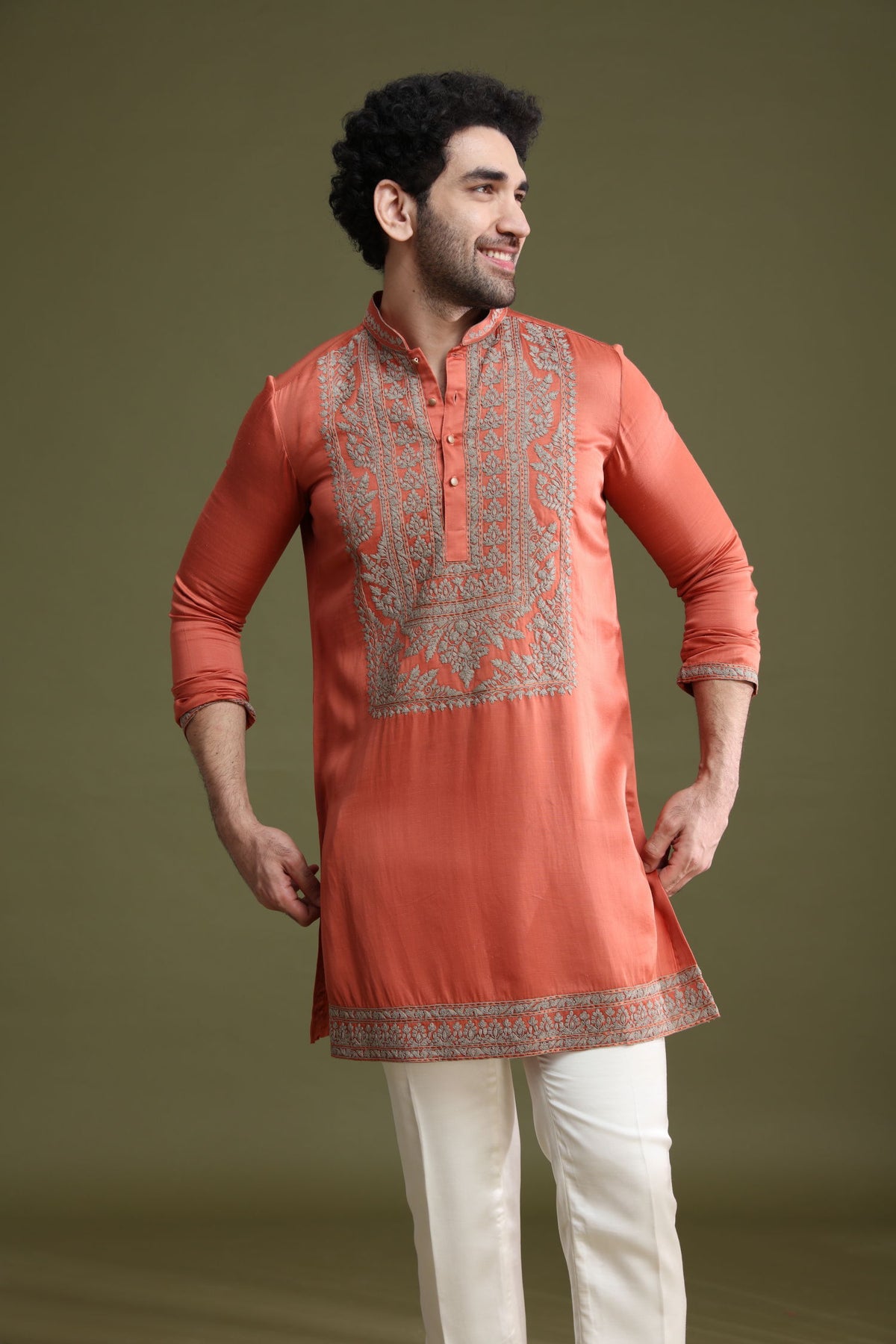 Rust satin linen kurta set for men with aligarhi and dori embroidery – front view
