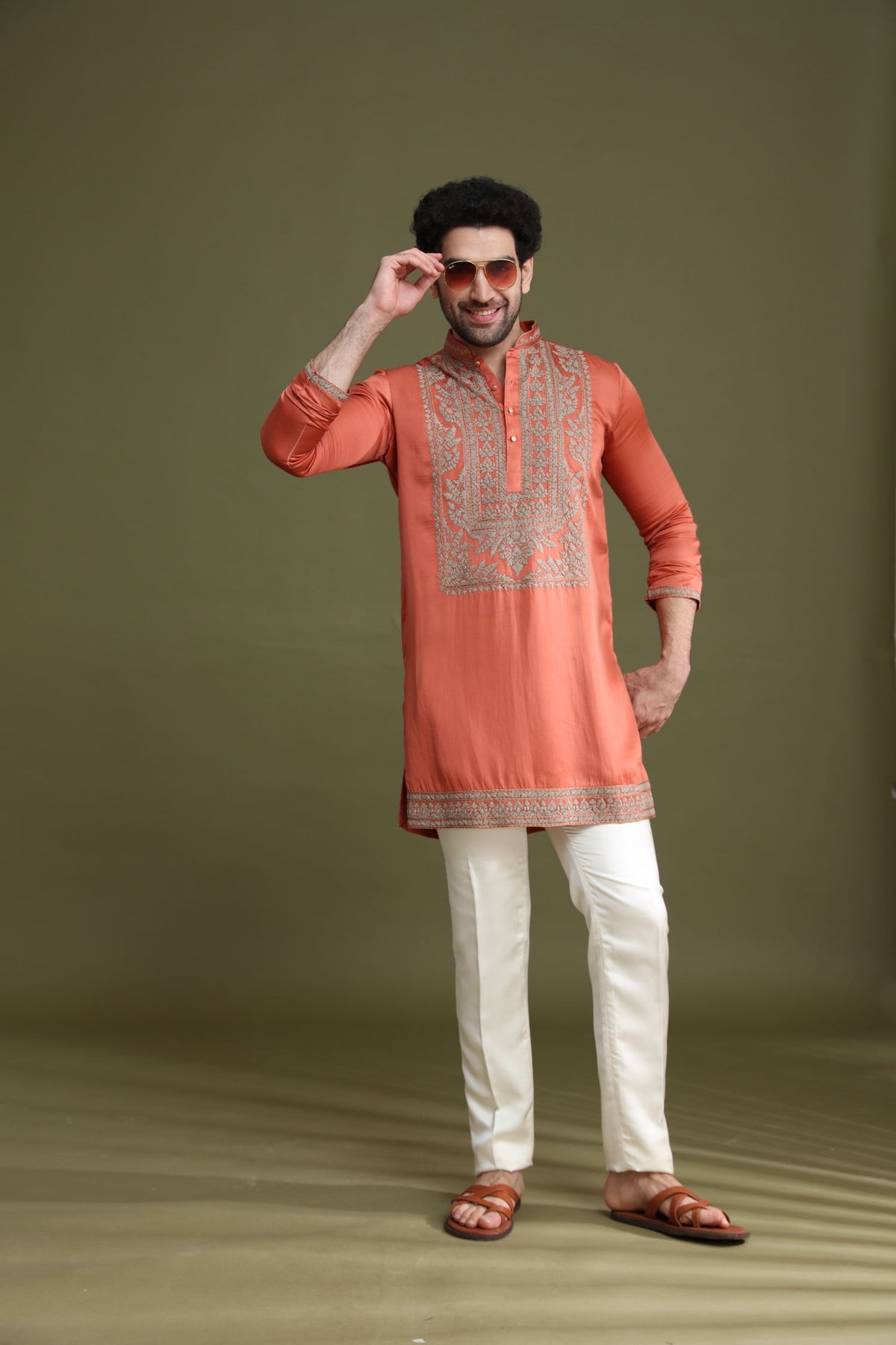 Styled look of rust satin linen kurta set for men with cream aligarhi by Kora