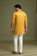 Back view of yellow satin linen kurta set for men