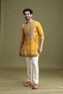 Yellow Satin Linen Kurta Set for Men with Aligarhi & Dori Embroidery | Kora
