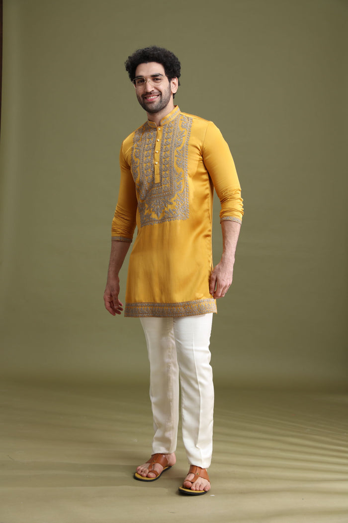 Yellow Satin Linen Kurta Set for Men with Aligarhi & Dori Embroidery | Kora - KORANM