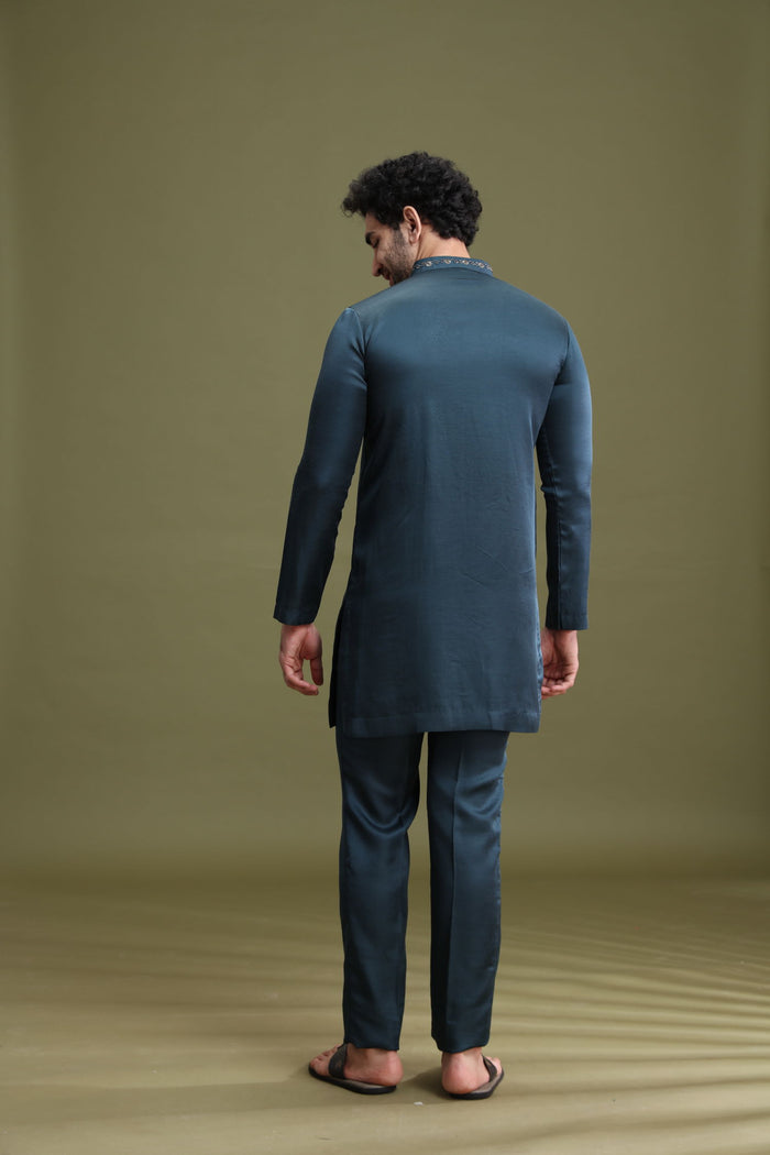 Back view of rama green satin linen kurta set for men