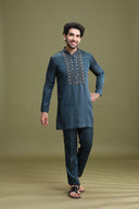 Rama Green Satin Linen Kurta Set for Men with Aligarhi & Hand Embroidery | Kora