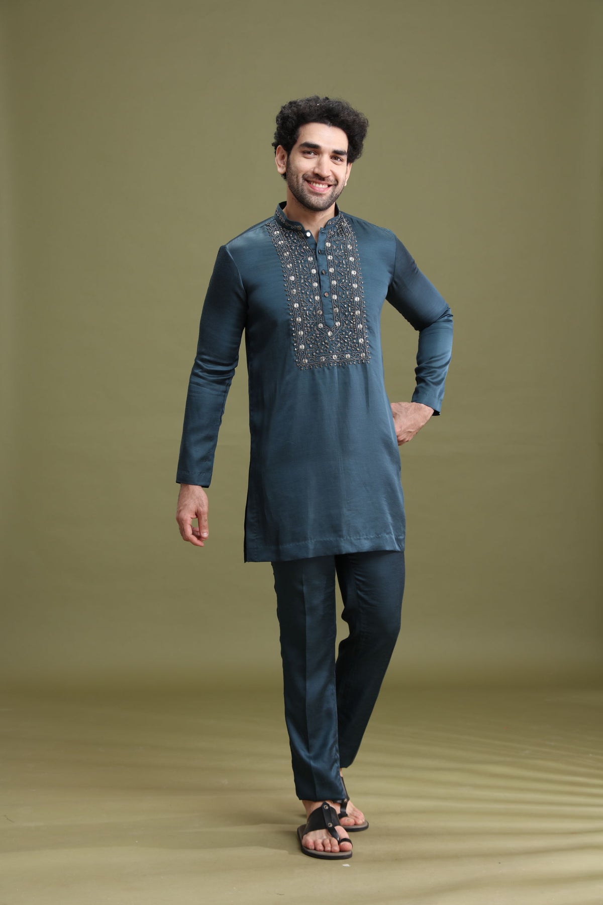 Rama Green Satin Linen Kurta Set for Men with Aligarhi & Hand Embroidery | Kora - KORANM
